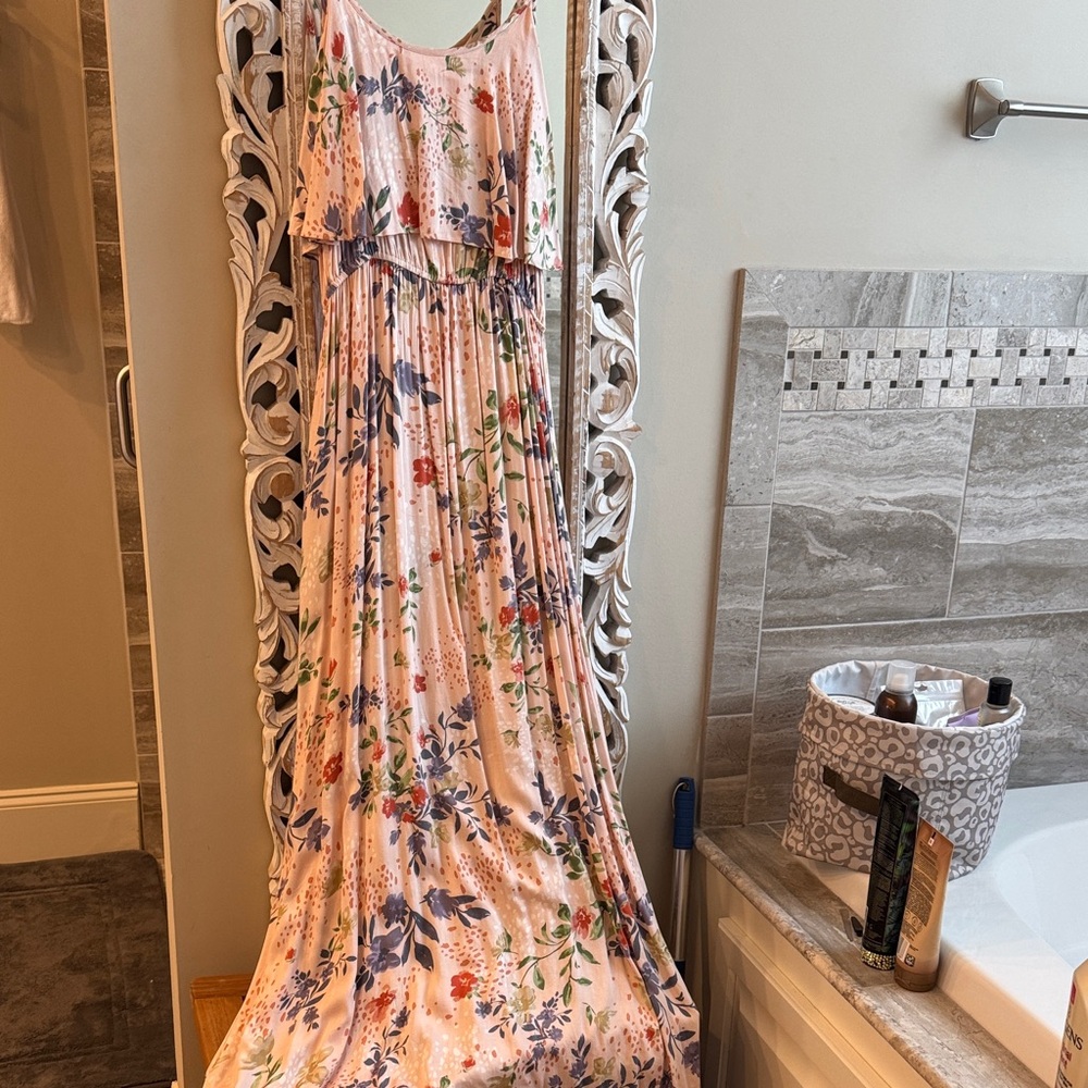 Promesa Blush Floral Maxi Dress with Blue & Green Motif